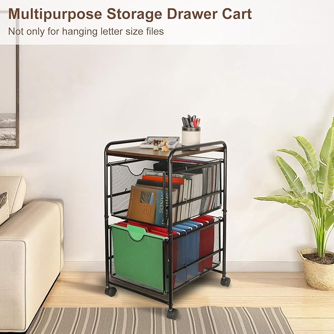 EasyPAG Rolling File Cart with 2 Drawers, Under Desk File Cabinet on Lockable Wheels, Hanging Folder Organizer with Wooden Printer Stand for Home Office