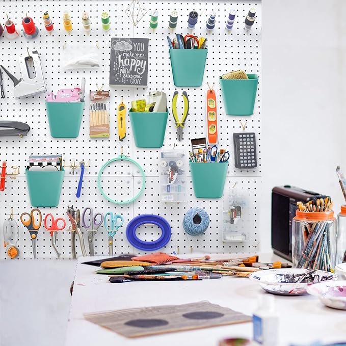 G.CORE Large Pegboard Cups Peg Board Storage Bin 6 Pack with Hooks, Square Box Shape Pegboard Cup Holder Accessories for Garage Workbench/Craft Room/Office/Playroom/Home Kitchen Organization (Green)