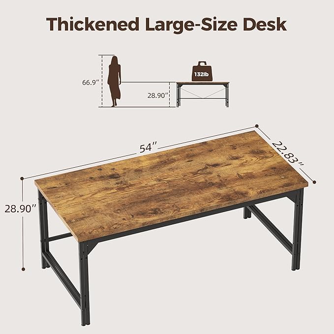 Mericonia 54 Inch Computer Desk, 1" Thick Heavy Duty Industrial Office Desk, Modern Simple Study Writing Table for Home Office Bedroom Workstation, Dark Brown