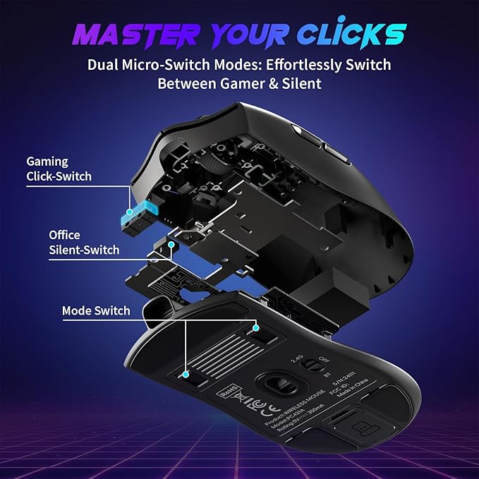 RisoPhy Superlight Wireless Gaming Mouse, 62g Dual Macro-Switches Gaming Mouse, 3-Mode Wireless/USB-C/Bluetooth Mouse with Adjustable 12000DPI, 5 Programmable Buttons Computer Mouse for PC/Mac-Black