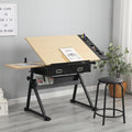 Drafting Table, Height Adjustable Drawing Table Art Table with Stool, 0-75° Tilted Tabletop Artist Desk Painting Table with Storage for Home Office School, Type 4-Brown