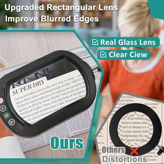 IVMAIE 10X Magnifying Glass with Light, Rectangle Real Glass, 5 Color Modes Stepless Dimmable Magnifier with Stand, LED Lighted Clamp Desk Lamp with Swing Arm, Hands Free for Reading Crafts Close Work