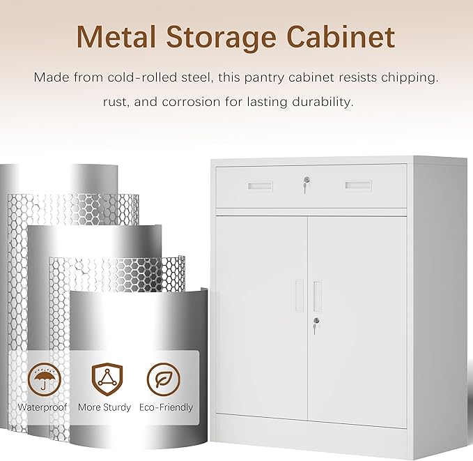 Metal Storage Cabinet with 1 Drawer, 36" H Locking Storage Cabinet, Metal Cabinets with Doors and Shelves for Home, School, Office, Garage, White