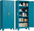 Washsemba 71'' Farmhouse Metal Storage Cabinet with Barn Doors,Steel File Cabinet for Home Office,Kitchen Pantry 4 Adjustable Shelves,Freestanding Cupboard for Kitchen,Home Office (Peacock Blue)