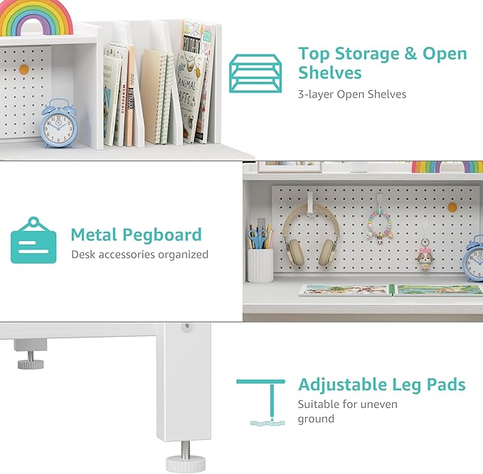 BOLUO Kids Desk and Chair Set for 6-12 Year Old, Children Study Desk with Hutch and Pegboard, Student Writing Table with Storage Shelf for Girls Boys