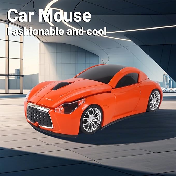 elec Space Wireless Mini Mouse with Case - Cute Sports Car Shape, Lightweight & Portable, 10m Range, Plug and Play (Orange)