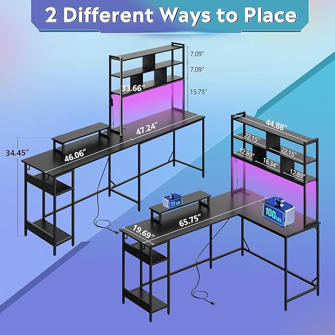 DEVAISE L Shaped Gaming Desk with Hutch, Reversible Computer Desk with LED Light, 3-Tier Shelves, 2 AC+2 USB Outlet and Monitor Stand, Corner Desk with Storage for Home Office (Black, 66 Inch)
