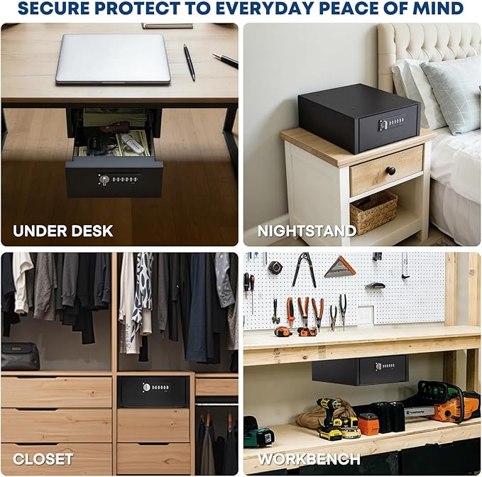 POCHAR Under Desk Gun Safe with Electronic Keypad & Key Lock - Steel Slide-Out Handgun Safe Storage Drawer for Home, Office, Garage, Car - Quick Access Hidden Gun Vault for Pistol & Valuables