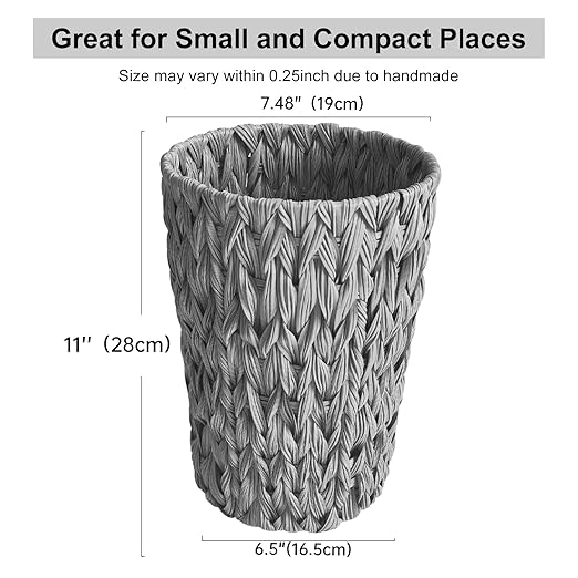 Coeusy Wicker Trash Can,Small Bathroom Trash Can,Waterproof Wicker Waste Basket for Bathroom,Handwoven Wastebasket for Office,2 Gallon Grey Round