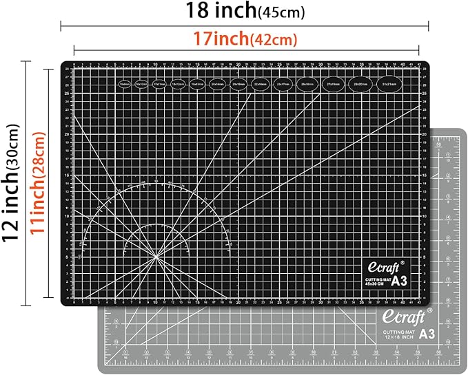 Ecraft Self Healing Cutting Mat 18x12 Inch A3, 5-Ply Double Sided Rotary Cutting Board with Grid, Grey/Black for Sewing, Quilting, Fabric & Craft Projects
