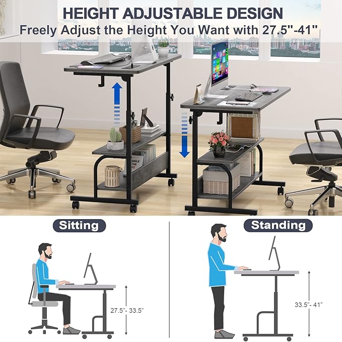 Armocity Rolling Standing Desk with Power Outlets, 32" Manual Height Adjustable Mobile Computer Desk with Wheels, Small Portable Sit Stand Laptop Couch Table for Bed & Sofa Home Office, Grey Oak