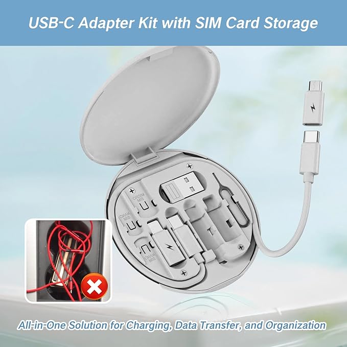9 in 1 Cable Case USB Adapter Travel Cord Adapter Kit USB Type C to Micro USB/USB A Cable Data Transfer Tool Contains Sim Card Slot Tray Eject Pin Use as Phone Holder(Grey) Travel Cord Adapter kit