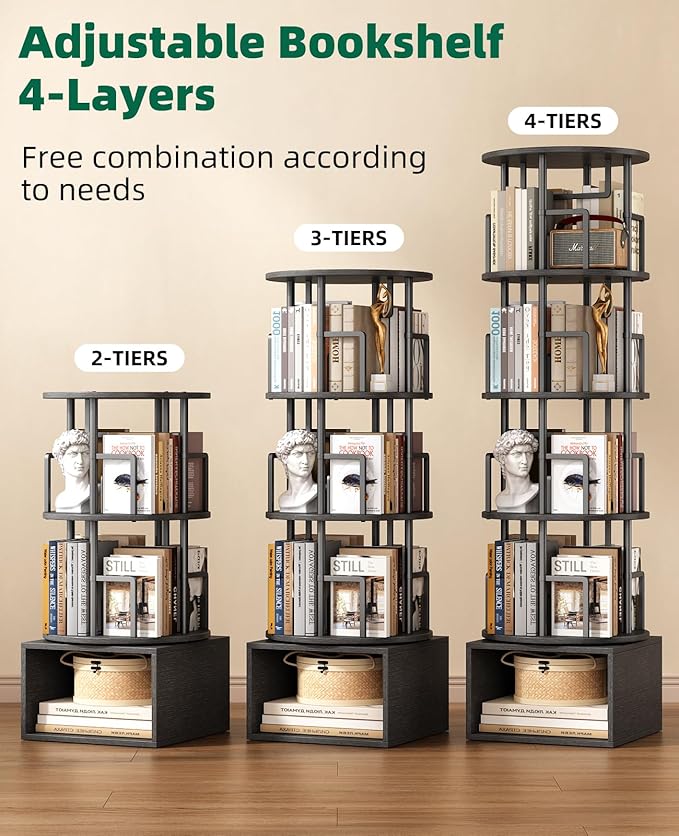 Kalrin 5 Tier Rotating Bookshelf with Extra Storage Cabinet, 360°Spinning Corner Bookshelf, Floor Standing Bookcase for Kids & Adult, Narrow Book Shelf for Bedroom Living Room, Pure Black