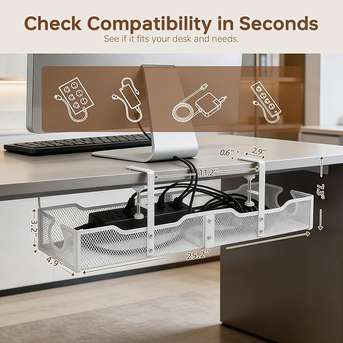 Upgraded 25.2'' Under Desk Cable Management Tray, No Drill Clamp-On Design Wire Organizer, Cable Organization Box for No Damage to Desk, Metal Cord Organizer for Home Office, White