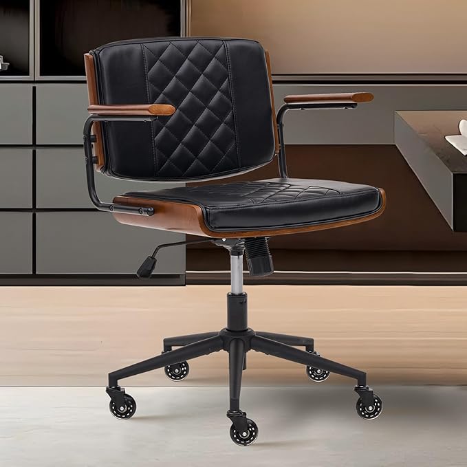 Home Office Desk Chair with Rubber Wheels, Adjustable Height Office Chair with Arms, Leather Mid Back 360° Small Computer Chair, Modern Walnut Chair for Office, Reading Meeting Room (Black)