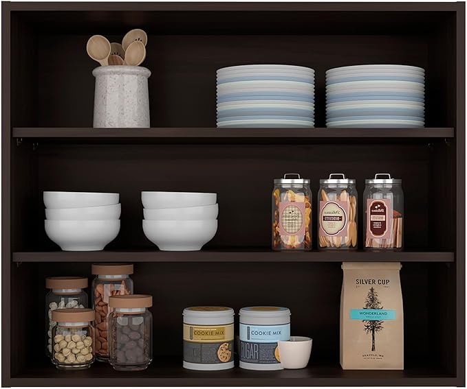 Stained Walnut Open Storage Wall Cabinet Triple-tier organization delivers easy access and ample storage for spices, jars, oils, and kitchen essentials stacking items neatly for daily convenience Re