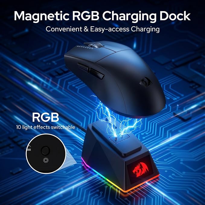 Redragon M999 Wireless Gaming Mouse, Tri-Mode Mouse with RGB Magnetic Charging Dock, 45000 DPI MAX Adjustable, 4 Programmable Buttons, Ergonomic Design for PC Laptop Mac