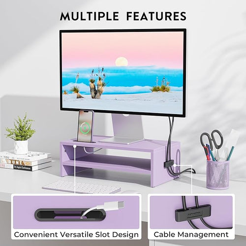 BONTEC Wooden Monitor Stand Riser, 2-Tier Desk Shelf with Storage Organizer, Ergonomic Computer Stand with Cable Management, Cellphone Holder, Purple, 16.5 Inch