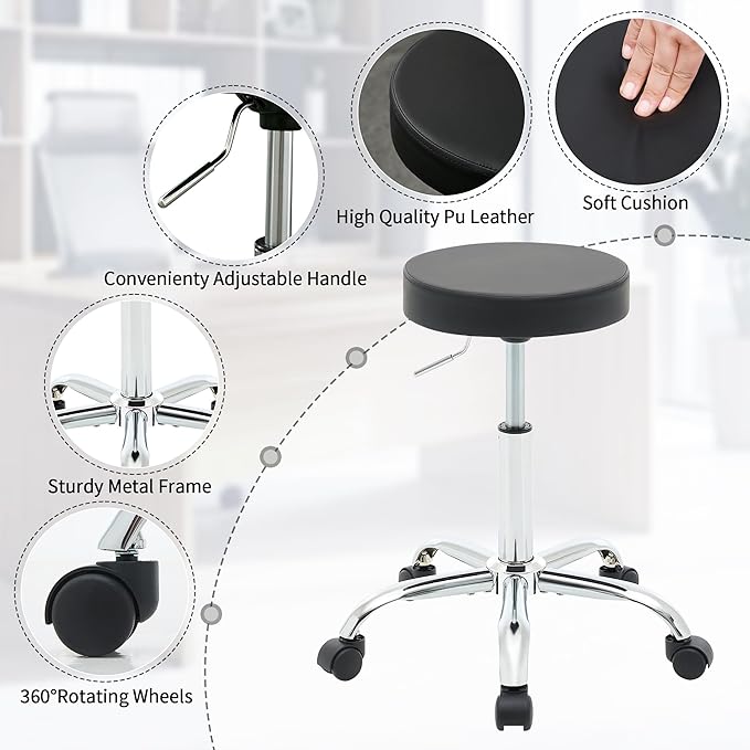FIRAVOE Rolling Office Stools, Adjustable Drafting Stool on Wheels 19.5"-26.6", Black Ergonomic Office Chair (Black)