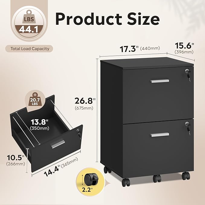DEVAISE 2 Drawer File Cabinet, Mobile Printer Stand, Wood Filing-Cabinet fits A4 or Letter Size for Home Office, Black