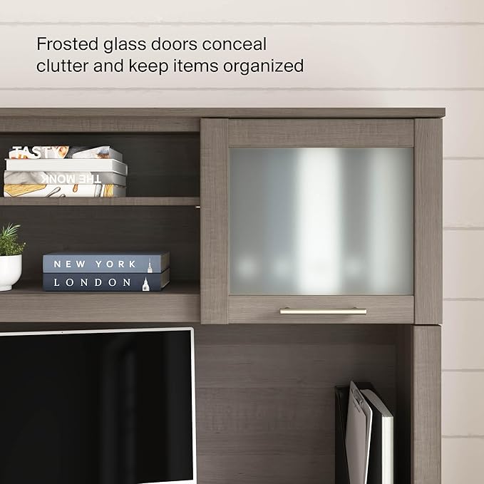 Bush Home 60-Inch Desk Hutch, Office Storage Organizer with Shelves, Cubbies and Frosted Glass Doors for Computer Desk, Home Office Furniture, Somerset Collection, Ash Gray