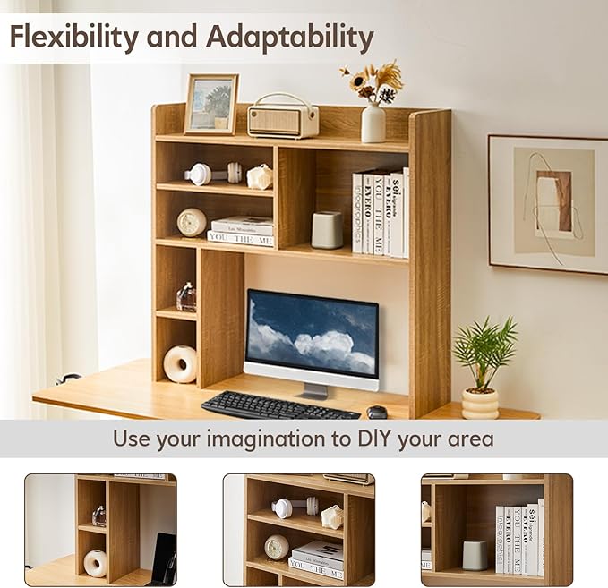 OFCASA Desktop Bookshelf, Countertop Storage Hutch with 7 Shelves for Computer Desk, 35.4'' 3-Tier Display Rack, Multipurpose Wooden Desk Hutch Storage Organizer for Home Office Dorm, Natural