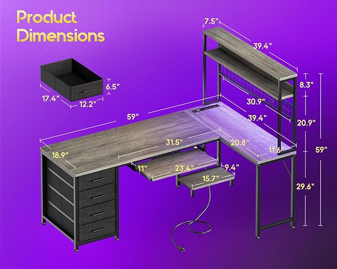 AODK 59 Inch L Shaped Desk with 4 Drawers, Gaming Desk with Led Lights & Power Outlets, Computer Desk with Pegboard & Keyboard Tray, Reverisble Home Office Desk with Storage Shelves & CPU Stand, Grey