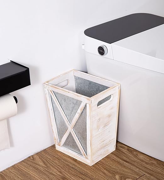 Venalys Small Wood Trash Can Wastebasket, Decorative Barn Door Garbage Can Waste Basket, Rustic Distressed Rectangular Trash Bin, Farmhouse Wooden Storage Basket Waste Paper Bin (Whitewash)