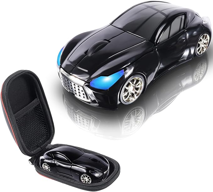 elec Space Wireless Mini Mouse with Case - Cute Sports Car Shape, Lightweight & Portable, 10m Range, Plug and Play (Black)
