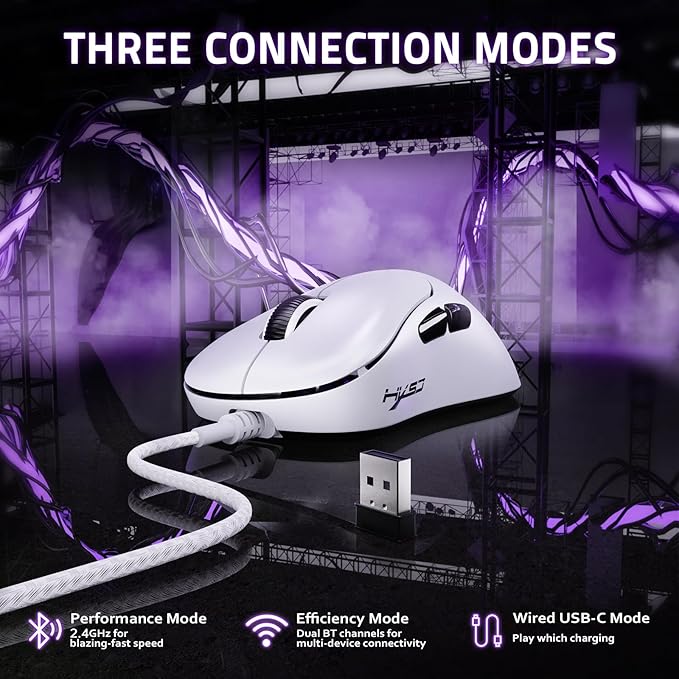 ZIYOU LANG × HXSJ T700 Wireless Gaming Mouse,Adjustable 10K DPI 1K Optical Sensor,2.4G/BT/USB-C Rechargeable 6 Programmed Buttons,56g Lightweight Right-Handed Ergonomic Computer Mice for PC/Mac-White
