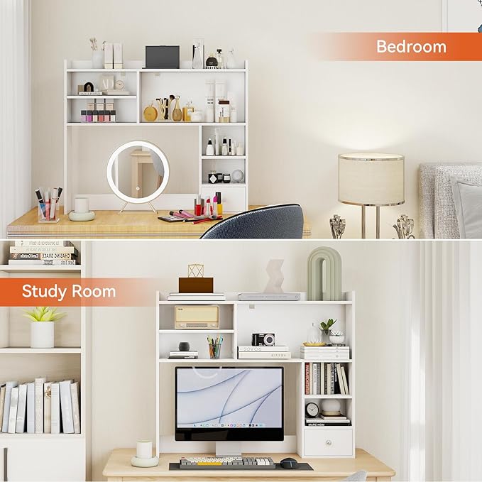 ELECWISH Desktop Bookshelf, Desk Hutch with Drawer for Computer Desk, 35.04" 6-Tier Adjustable Desktop Shelf Organizer for Home Office, White
