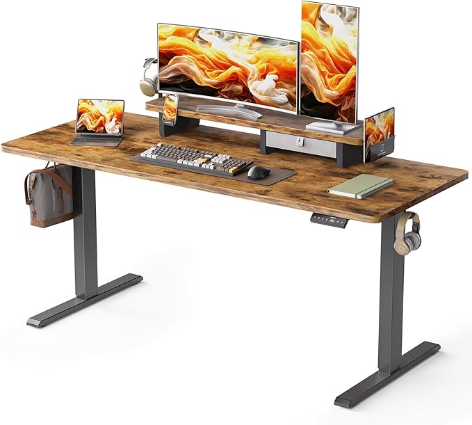 WALKINGDESK 63x24 Inches Electric Standing Desk with Drawer and Monitor Stand, Height Adjustable Sit to Stand up Desk for Home Office, Ergonomic Computer Table with Phone Holder, 3 Hooks, Rustic Brown