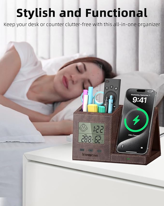 Pen Holder for Desk, Desk Organizer with Wireless Charger, Built in Digital Indoor Thermometer and Humidity Monitor, Multi-Functional Pencil Organizer for Home Office Supplies, Brown