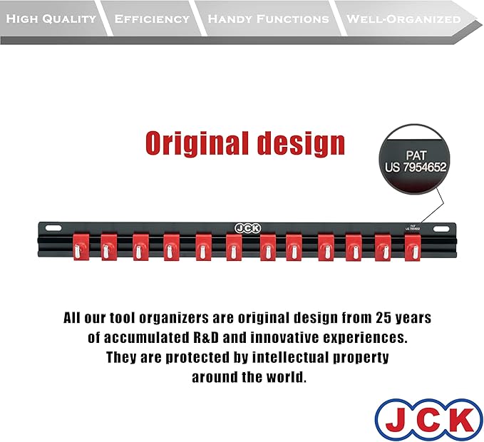 JCK Professional Quality Rack of Wrench Organizer Black Aluminum & Red Plastic Clips molding Integrated with Stainless Steel 304 Hooks Organize Wrenches Secure Clip Toolbox Combination Storage