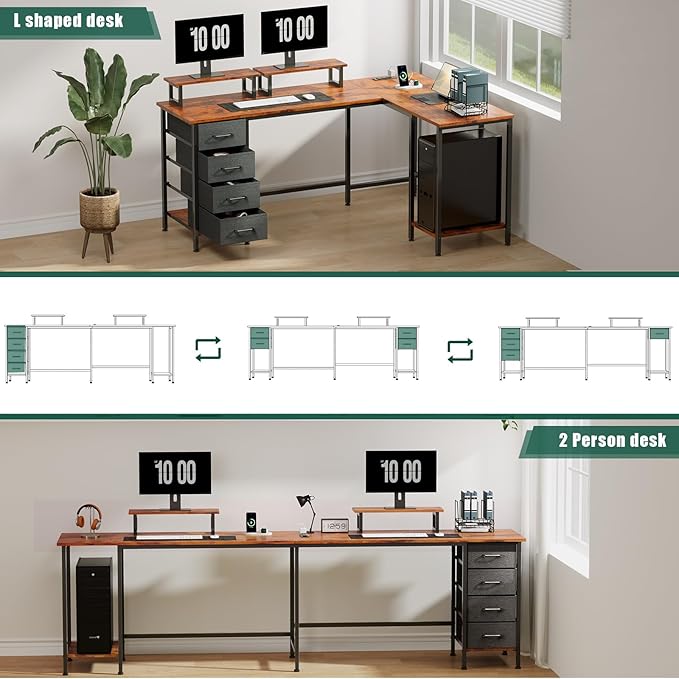 Korfile 59 inch L Shaped Computer Desk with Power Outlets, Home Office Desk with 4 Adjustable Storage Drawers & 2 Monitor Stands, Two Person Gaming Table for Bedroom, Rustic Brown