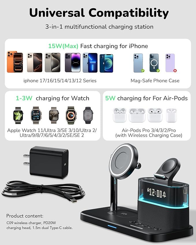 Compatible with Qi2 Certified Wireless Charging Station with Alarm Clock and Night Light,15W Fast 5 in 1 Mag-Safe Charger Stand for iPhone 16 15 14 13 12 Pro Max,Apple Watch,Air-Pods(Black)