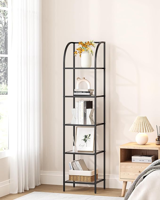 Hzuaneri Bookcase Bookshelf, Tempered Glass Arched Bookshelf for More Storage, Slim Shelving Unit for Bedroom, Bathroom, Home Office, Steel Frame, 5 Tier Black BC20599B