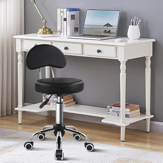 KKTONER Rolling Stool with Mid Back Height Adjustable Chair PU Leather Swivel Chair with Wheels for Office Home Task Drafting (Black)
