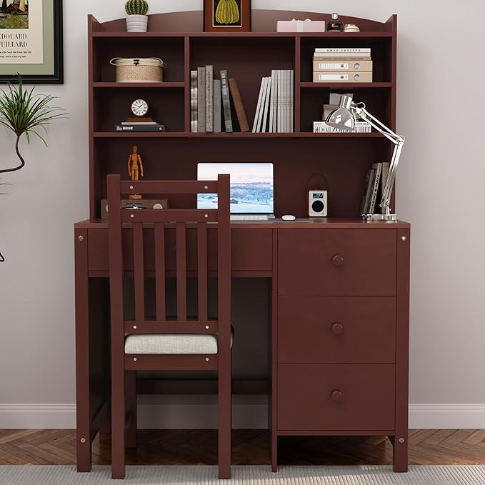 Vintage 40'' Home Executive Desk and Upholstered Chair Set with Bookshelf(Espresso)