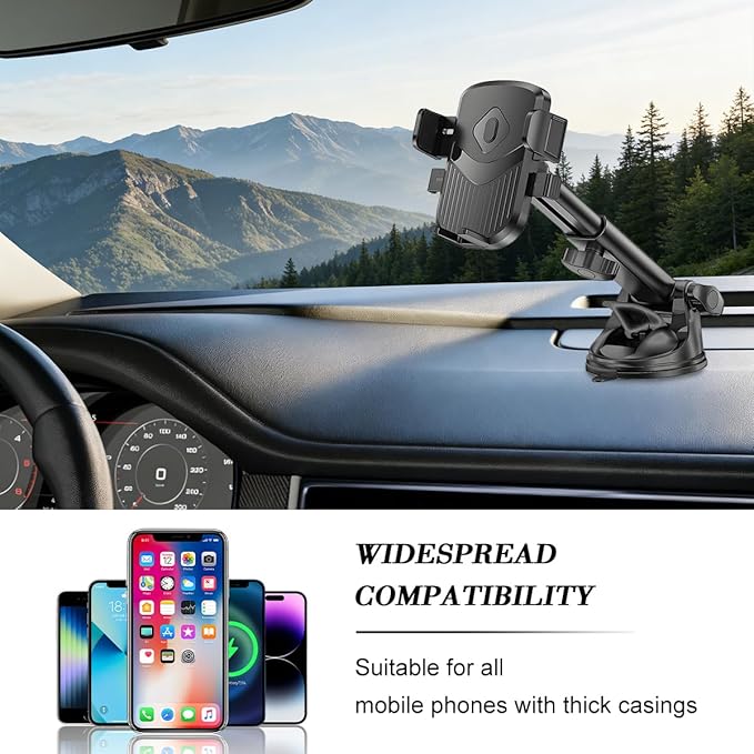 Car Phone Holder, 360° Adjustable Strongest Suction Vehicle Windshield Dashboard Air Vent Cell Phone Mounts, Hands Free Automotive Interior Smartphone Stand, Universal Fit (Black)