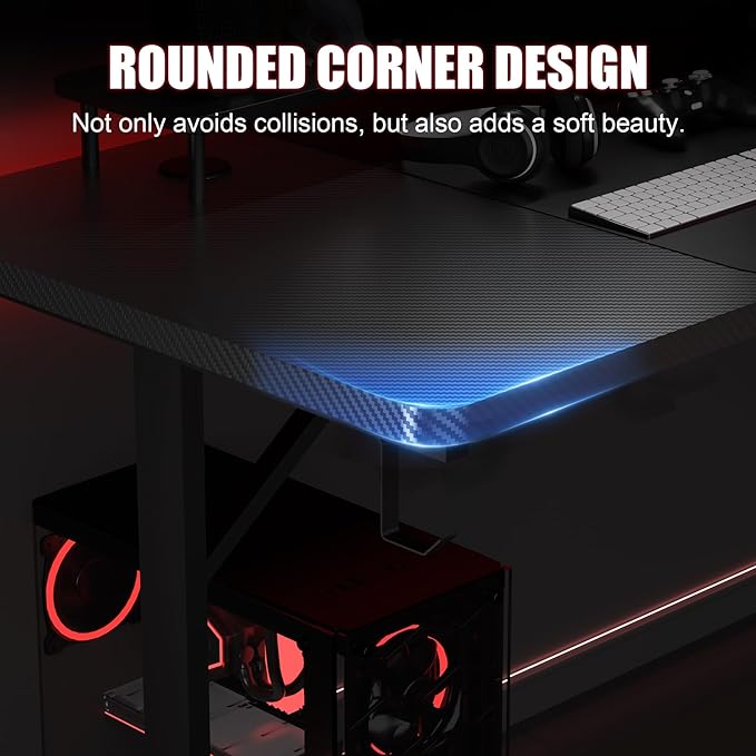 GTPLAYER Gaming Desk 55 Inch with LED Lights, Large Computer Desk with Mouse Pad for Home Office, T-Shaped Carbon Fibre Surface PC Game Workstations with Headphone Hook
