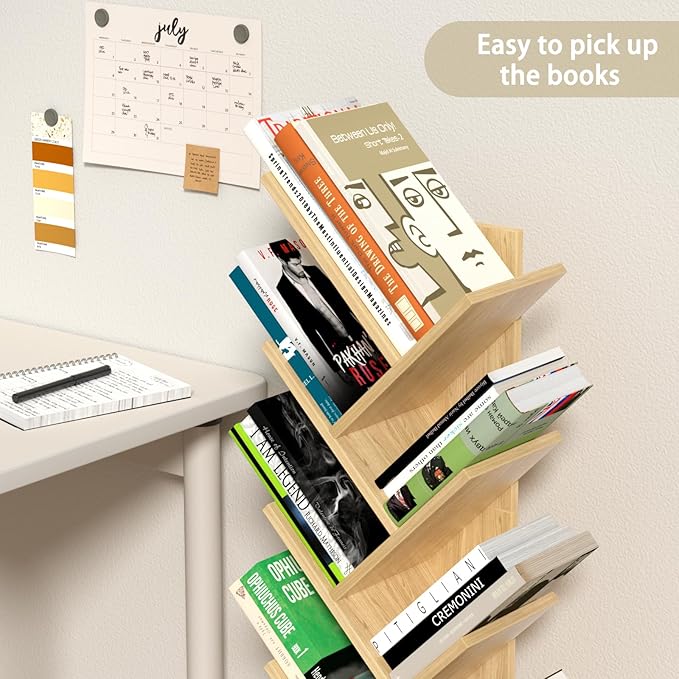 SHEEPAM 10 Tier Tree Book Shelf, Floor Standing Wood Bookshelf for Narrow Space, Storage Organizer Bookshelves for Books/CDs/Magazine, Bookcase with Shelves for Home Office, Living Room - Natural