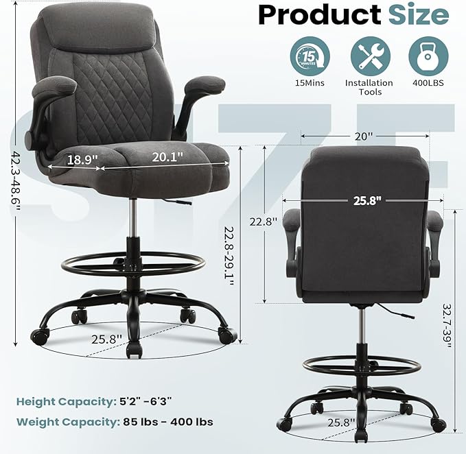 MAHOMICO Drafting Chair for Standing Desk – Tall Office Chair with Adjustable Height & Foot Ring, Flip-Up Arms, Lumbar Support – Comfortable Fabric Seat, Ideal Home Desk Chair