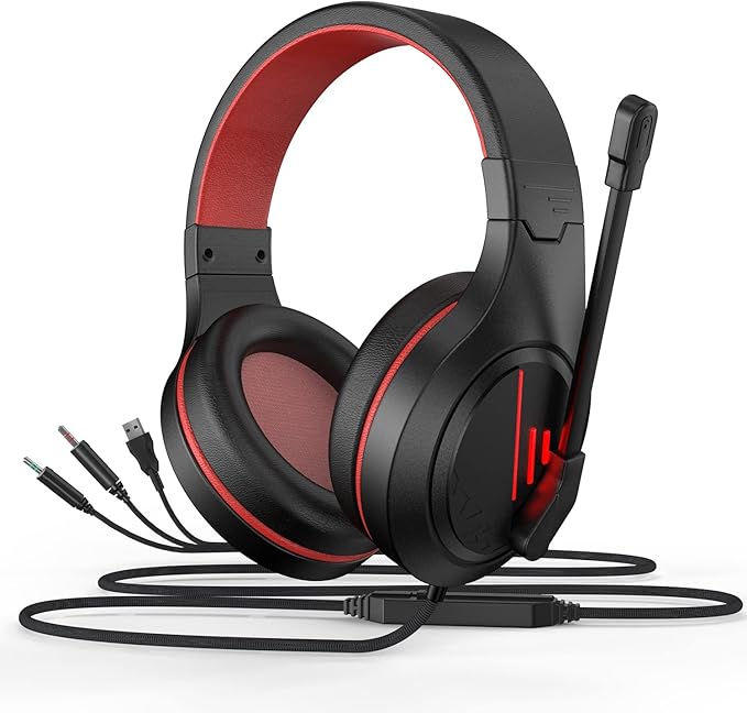 Anivia MH601 Headphones with Microphone Wired Headset with Active Noise Canceling Microphone, 3.5mm Audio Jack Stereo Headphone - Red (Game/Work/School)