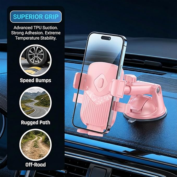 Car Phone Holder, 360° Adjustable Strongest Suction Vehicle Dashboard Windshield Cell Phone Stand with Hook Clip, Automotive Air Vent Smartphones Mount, Universal Fit (Pink)