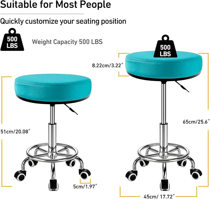 Heavy Duty Round Rolling Stool 500lb, PU Leather 360-degree Support Full-Edge Cover Layer Drafting Chair with Wheels, Height Adjustable Swivel Stool with Footrest, 5-min Easy Assembly (Blue)