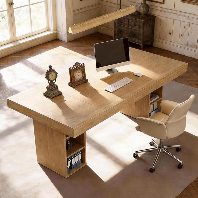 IDEALHOUSE 71” Executive Desk with Cabinet Storage, Farmhouse Home Office Desk, Wooden Computer Desk with Extra Thickened Tabletop & Metal Frame, for Work Study Writing, Oak
