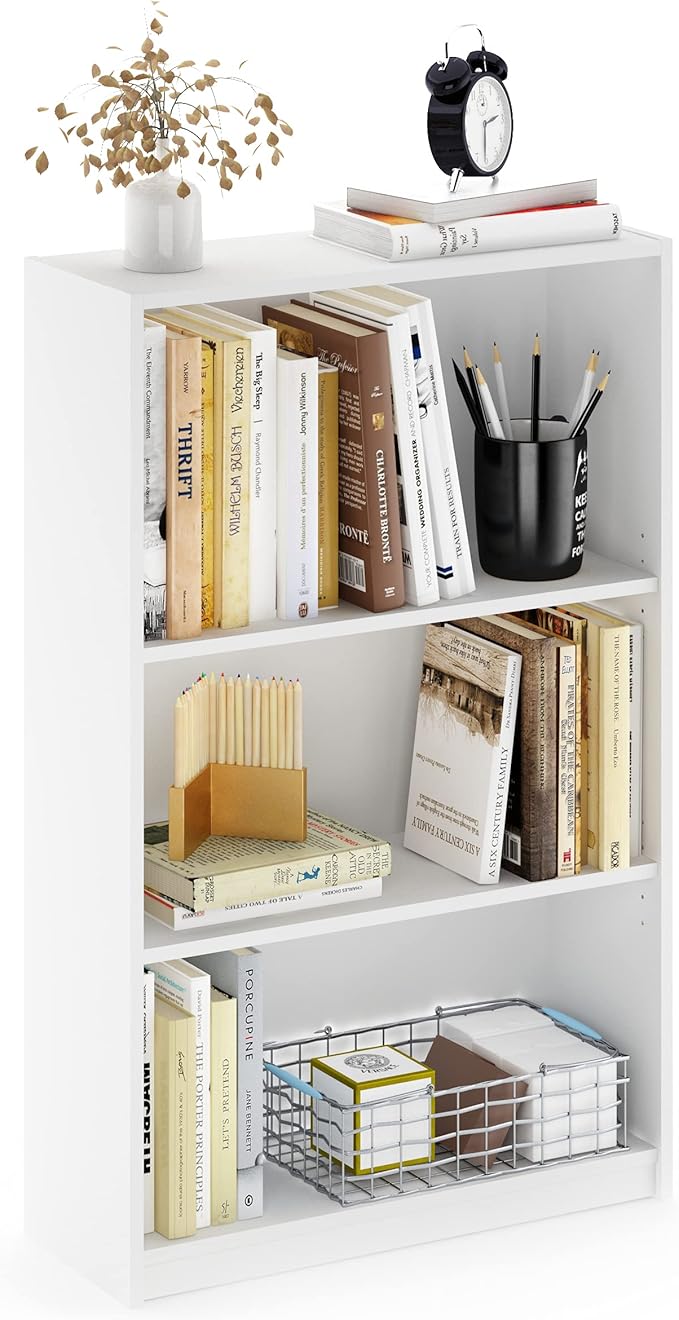 Furinno Jaya Book Shelf, 3-Tier Bookshelf, Standing Bookcase with Adjustable Shelves, 9.5 x 24.5 x 40.3, for Organization and Storage, for Living Room, Bedroom, Home Office, Plain White