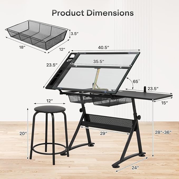 Athena Collection Drafting Table for Artists, Height Adjustable Drawing Table, Dual Desktop Art Desk Metal Frame Art Table Tiltable Craft Desk Paintings Work Station with Stool and Drawers, Black