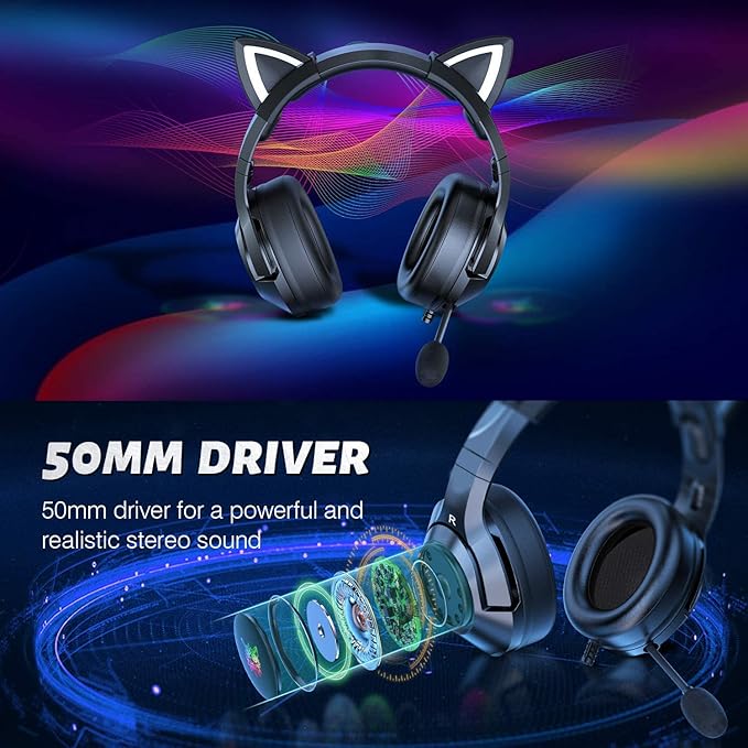 PHNIXGAM Cat Ear Gaming Cute Headset, Wired Headphones with Microphone, Surround Sound, LED Backlight for PS4, PS5, PC, Mobile Phone (Black)